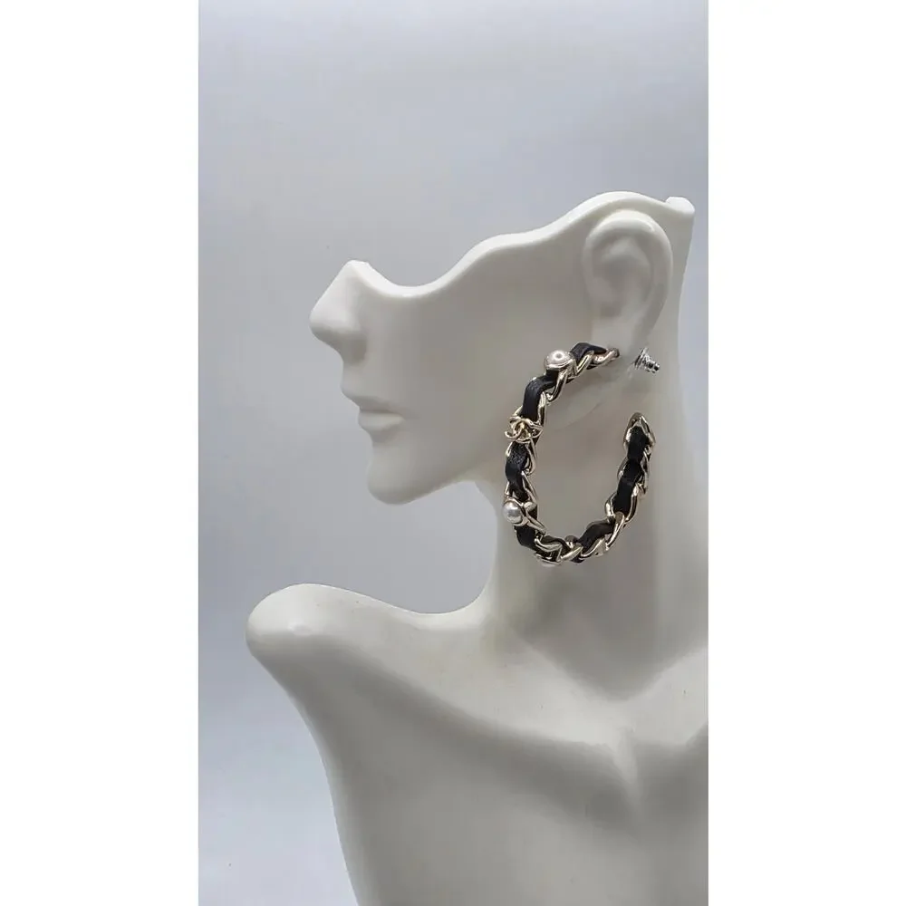 Chanel 2019 Faux Pearl Leather Interlocking CC Hoop Earrings